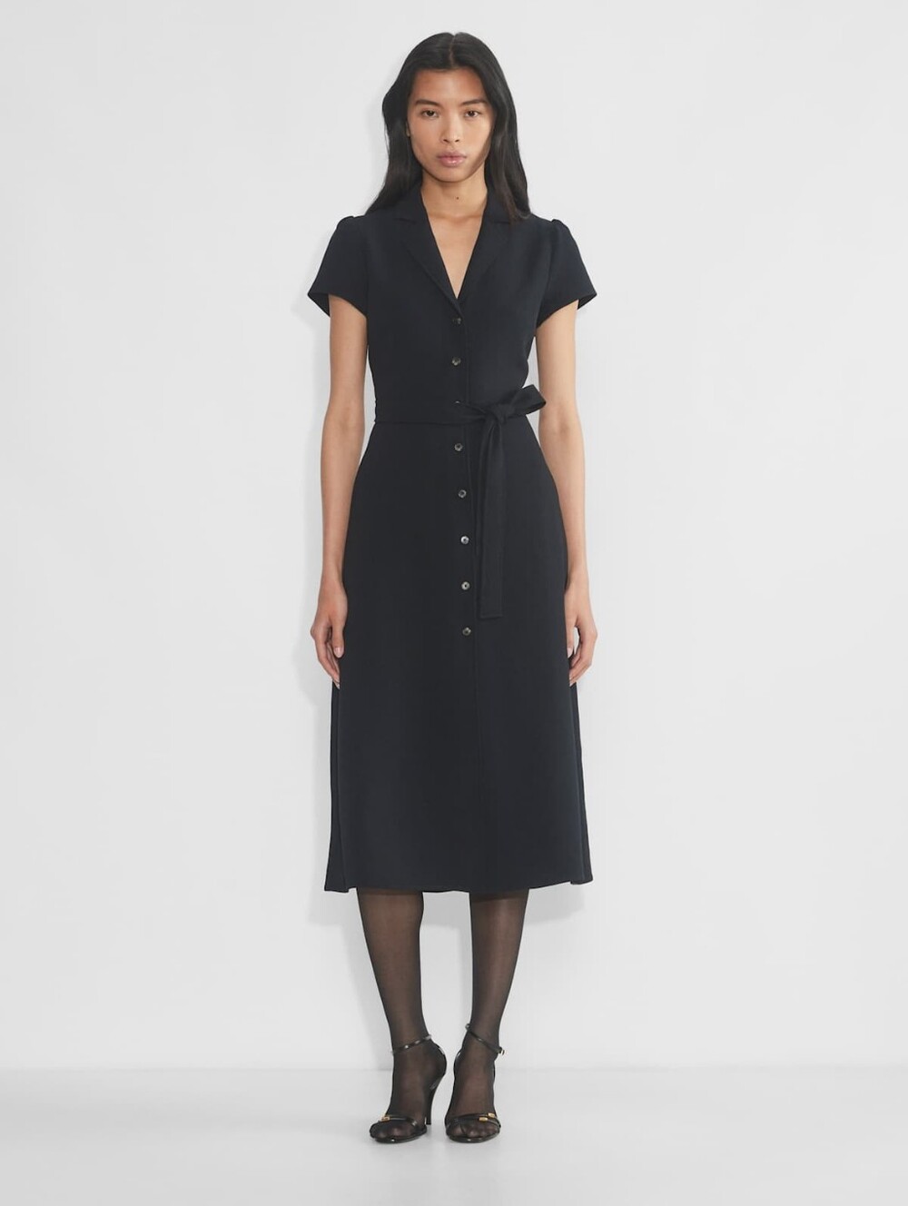 Aritzia Wilfred Shirt Dress Black Midi Button Front Tie Waist Size L Minimal 90s